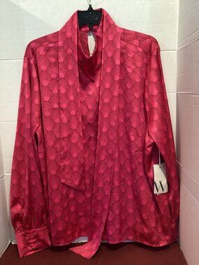 T100-Ladies Worthington Hot Pink Long Sleeve Bow Tie Blouse Size 2 X Large